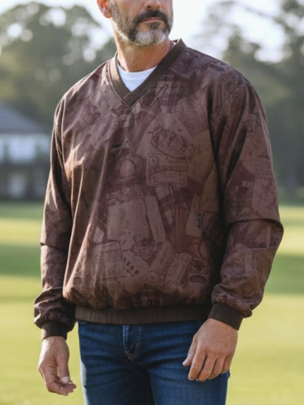 Vintage Golf Print Pullover Windbreaker V Neck Jacket Mens L Brown Golfcore